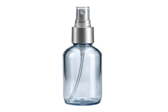 Clear glass spray bottle with silver pump dispenser on black background image