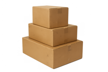Stacked cardboard boxes creating a tower, ready for shipping, delivery, moving, or logistics with transparent background