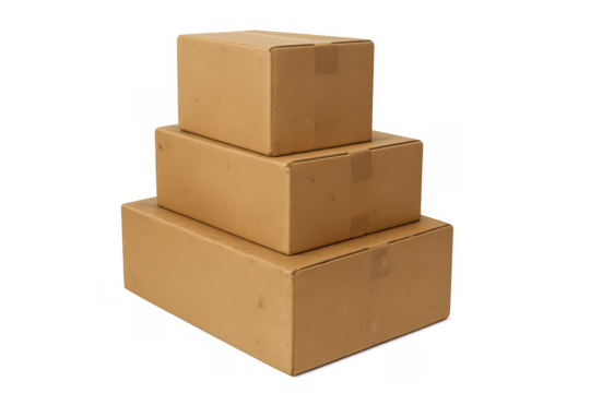 Stacked cardboard boxes creating a tower, ready for shipping, delivery, moving, or logistics with transparent background