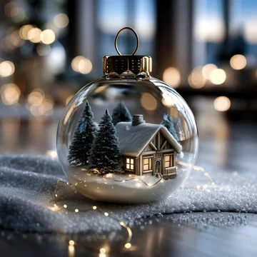 Enchanted Christmas Ornament with Cozy Snowy House and Golden Glow