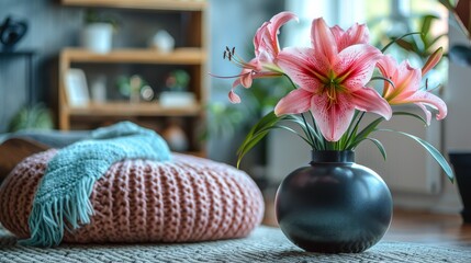 Pink Lilies in Dark Vase on Rug with Knitted Ottoman and Throw for Relaxing Cozy Interior Design