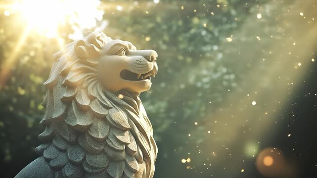 A majestic stone lion statue stands proudly in a garden, surrounded by soft beams of sunlight filtering through the trees. The lion statue captures attention with its fierce yet se