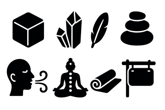 Minimalist wellness icons: cube, crystals, feather, stones, meditation, yoga, sign - Powered by Adobe