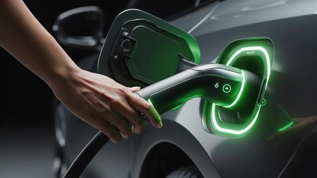 Close-up hand plugging charging cable into electric car, green neon light indicator, ev charging video, eco transport concept, sustainable energy