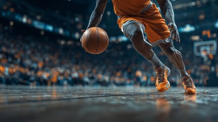 Intense Basketball Action Close Up of Player Dribbling the Ball with Dynamic Movement in a Professional Arena