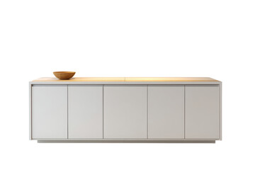 White modern sideboard with wooden bowl on light wood top cabinet furniture