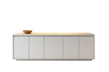 White modern sideboard with wooden bowl on light wood top cabinet furniture