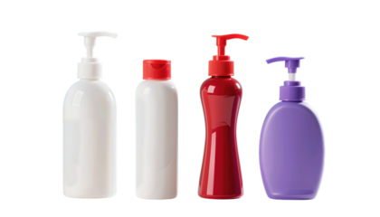 Colorful plastic bottles with pump dispensers in white, red, and purple