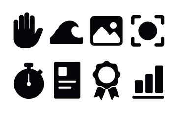 Essential icon set: minimal black silhouette design for digital interfaces