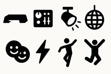 Silhouette icons for party and dance: disco ball, spotlight, dj mixer, and happy dancers
