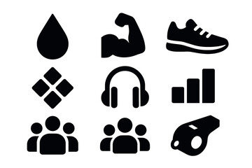 Silhouette icons of fitness and sports elements for health and wellness