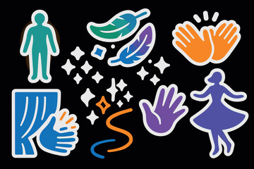 Fototapeta premium Colorful abstract symbols with dance and nature elements on black background