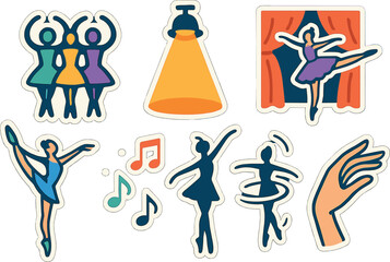 Colorful dance and ballet stickers with musical and theater elements