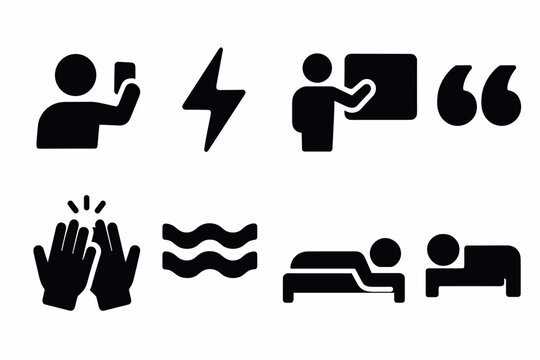Minimalist icon set of people, objects, and symbols in black silhouette style