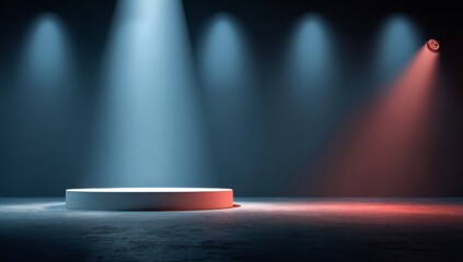 Illuminated Stage with White Podium and Contrasting Lighting Creates Dramatic Product Showcase, Perfect for Modern Presentations and Artistic Performances