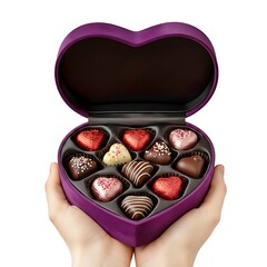 Hands holding an open purple velvet heart giftbox containing an assortment of heart-shaped chocolates  against white background