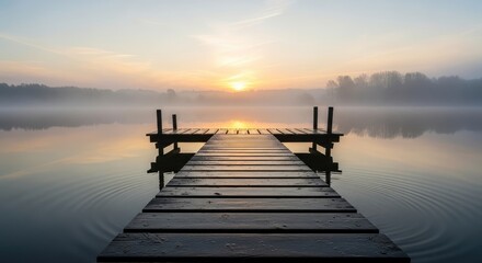 Wooden dock extending into a misty lake at sunrise with calm reflection