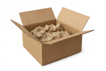 Cardboard shipping box open with crumpled packing paper inside, ready for delivery or moving, transparent background