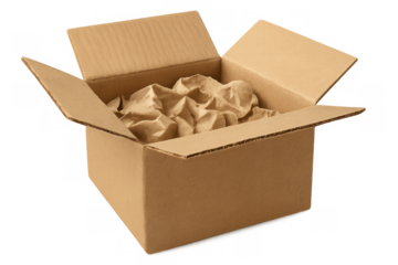 Cardboard shipping box showing crumpled brown paper for secure packaging, empty and open with a transparent background