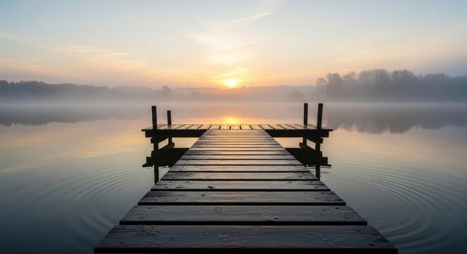 Wooden dock extending into a misty lake at sunrise with calm reflection