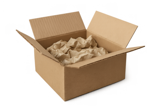 Cardboard shipping box open with crumpled packing paper inside, ready for delivery or moving, transparent background