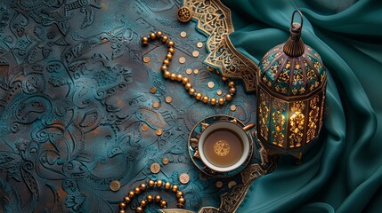 Ramadan Tea Still Life with Ornate Lantern, Coins, and Prayer Beads on a Textured Turquoise Background