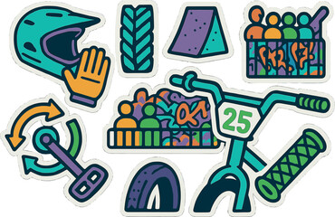 Fototapeta premium Bmx racing sticker set featuring bike, helmet, and gear in vibrant colors