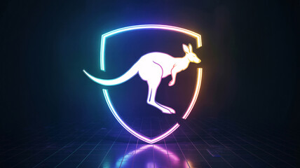 Neon kangaroo emblem glowing on dark background, symbolic representation of strength and agility, ideal for gaming branding and technology, shining neon vector illustration art