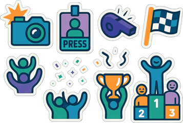 Celebration and achievement icons: camera, trophy, podium, and more