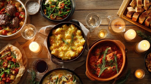 overhead shot of family dinner table set with winter comfort food, cozy dining with candles