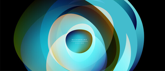 Abstract layered design. Circular shapes blend blues, greens, browns. Modern aesthetic, dynamic composition, central focus point.