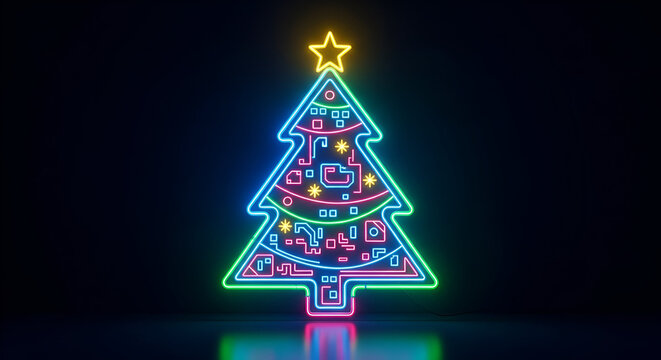 3d icon of neon christmas tree with star on top glowing in the dark for holiday celebration and decoration - Powered by Adobe