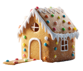 Gingerbread house decorated with icing and candy, hyper realistic product photo on transparent background