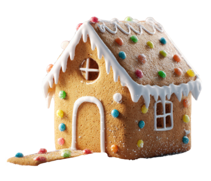Gingerbread house decorated with icing and candy, hyper realistic product photo on transparent background