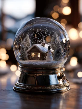 Hanging Snow Globe with Miniature Winter Cabin and Soft Bokeh Lights