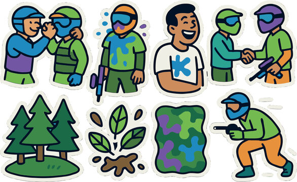 Colorful paintball game characters and elements in cartoon sticker style
