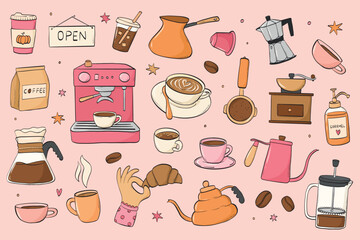 Coffee doodles, cartoon elements collection for stickers, prints, cards, banners, social media visuals, logos, etc. EPS 10