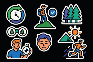 Obraz premium Colorful adventure and hiking icons on dark background