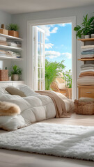Cozy bedroom with fluffy white rug and neatly made bed featuring soft pillows and comforter. room is adorned with plants and has open door leading to sunny balcony with clear blue sky