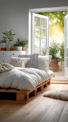 Cozy bedroom with wooden pallet bed, white bedding, and fluffy rug opens to sunlit balcony with potted plants. serene atmosphere is enhanced by gray painted walls and natural light