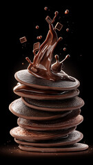 Stack of chocolate pancakes is topped with splash of melted chocolate and chocolate chunks, creating delicious and indulgent scene against dark background