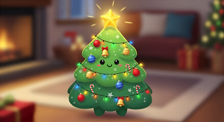 3d icon of adorable cartoon christmas tree with lights and ornaments in a cozy room with fireplace