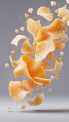 Crispy cheese chips and crumbs float in mid air, showcasing their crunchy texture and vibrant orange color. dynamic composition highlights snack appeal and savory flavor