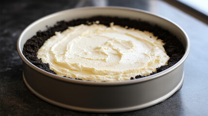 Creamy cheese filling is layered on chocolate cookie crust in round baking pan, creating delicious dessert. smooth texture and rich flavors make it enticing treat