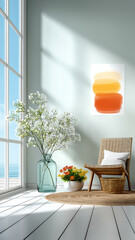 Sunlit room with minimalist painting featuring warm colors on wall, wicker chair with cushion, and vase of white flowers. potted plant adds touch of nature