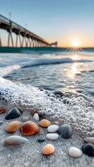 Seashells and pebbles on sandy beach with gentle waves and pier in background during beautiful sunrise in North Carolina. scene evokes tranquility and natural beauty