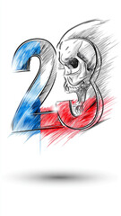 Dynamic illustration featuring number 23 with skull integrated into design. number is styled with sketch like texture and colored blue and red, creating striking contrast. background is minimal