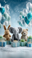 Festive scene with plush toys, including elephant, rabbit, and bear, surrounded by balloons and gift boxes in snowy setting, evokes joyful celebration