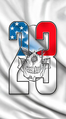 Skull with patriotic theme is set against white background, featuring number 23 with clean thin black outline. number is filled with stars and stripes, evoking military style