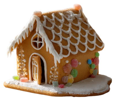 Gingerbread house decorated with icing and candy, hyper realistic product photo on transparent background - Powered by Adobe